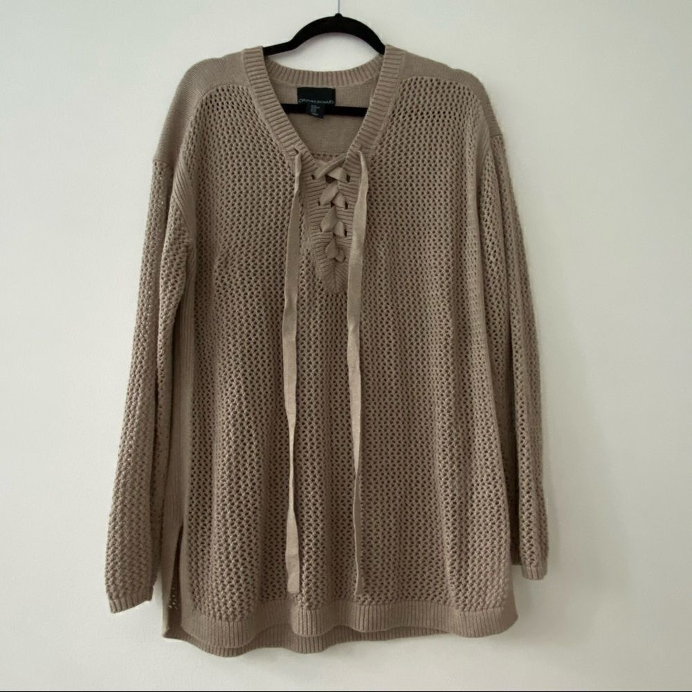 Cynthia Rowley Tan Lace Up Open Knit Sweater Size XL